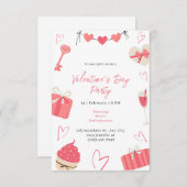 レッドピンクシンプルかわいい図解入りの、写真付きのバレンタインデー 招待状 (正面/裏面)