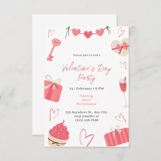 レッドピンクシンプルかわいい図解入りの、写真付きのバレンタインデー 招待状 (正面/裏面)