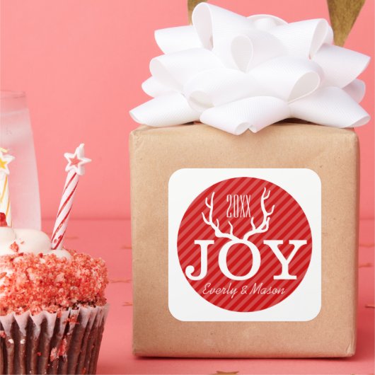 レッドピンクストライプの鹿〔雄ジカの〕枝角ジョーホリデークリスマス スクエアシール (パーティー)