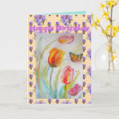 レッドピンクチューリップとバタフライウォーターカラーアートカード カード (黄色い花)