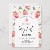 レッドピンクデイジーストロベリーファースト誕生日 招待状 (正面)