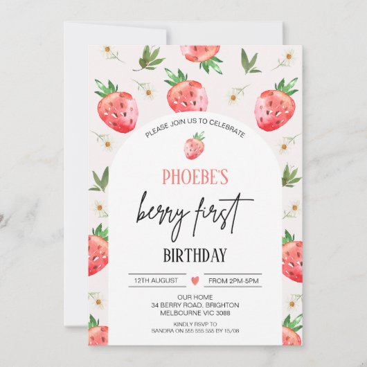レッドピンクデイジーストロベリーファースト誕生日 招待状 (正面)