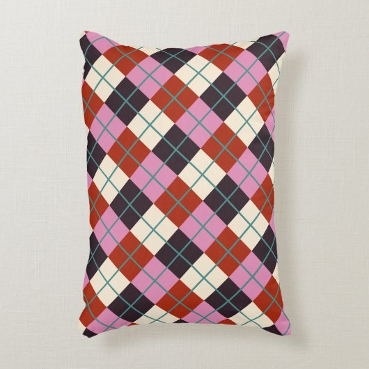 レッドピンクナスアイボリーティール(緑がかった色)レトロプレイド アクセントクッション (正面(垂直))