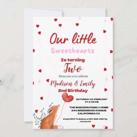 レッドピンクハートバレンタインズデイスウィートアート誕生日 招待状 (正面)