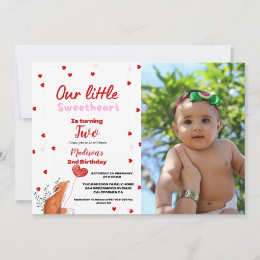 レッドピンクハートバレンタインズデイスウィートアート誕生日 招待状 (正面)