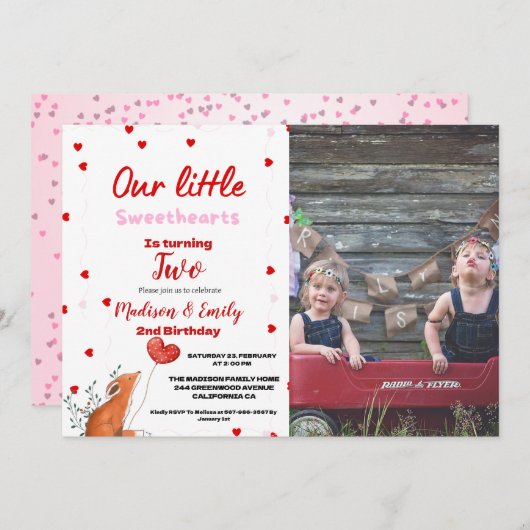 レッドピンクハートバレンタインズデイスウィートアート誕生日 招待状 (正面/裏面)