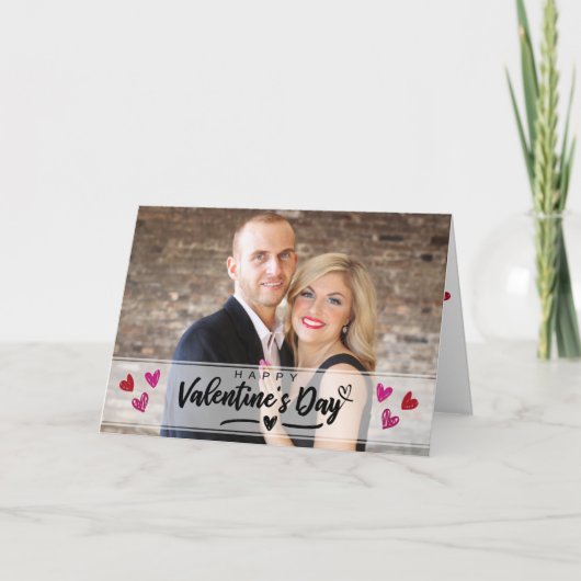 レッドピンクハートバレンタインデーの写真は落書き カード (正面)