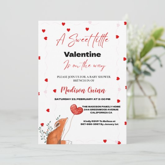 レッドピンクハートバレンタインデーベイビーシャワー 招待状 (スタンド正面)