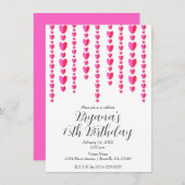 レッドピンクハートバレンタインバースデーパーティー 招待状 (正面/裏面)