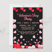 レッドピンクハートバレンタインパーティーフードミュージックダンス 招待状 (正面)