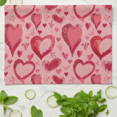 レッドピンクハートパターンスケッチ キッチンタオル (折り畳み)