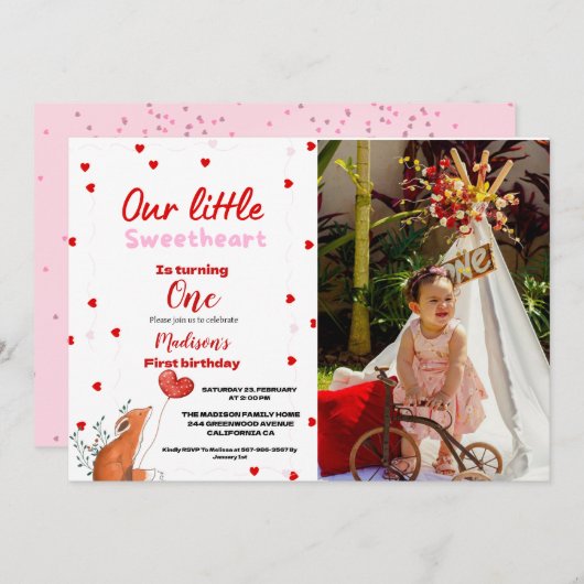 レッドピンクハートヴァレンティーンズデイスウィートアート誕生日 招待状 (正面/裏面)