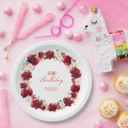 レッドピンクパーソナライズされたフローラ30歳のパーティー ペーパープレート (パーティー)