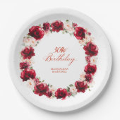 レッドピンクパーソナライズされたフローラ30歳のパーティー ペーパープレート (正面)