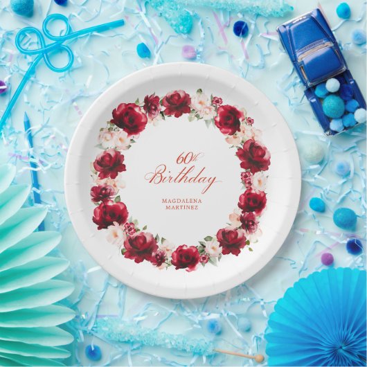 レッドピンクパーソナライズされたフローラ60th誕生日パーティー ペーパープレート (パーティー)