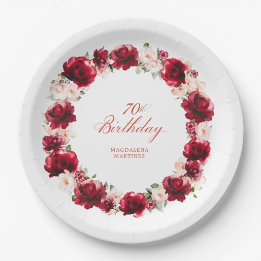 レッドピンクパーソナライズされたフローラ70th誕生日パーティー ペーパープレート (正面)