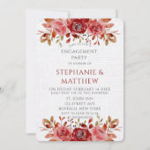 レッドピンクピーニーホワイトリネン婚約パーティ 招待状 (正面)