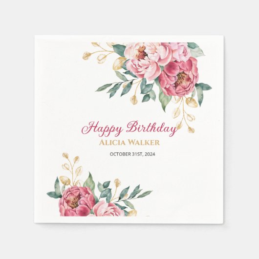 レッドピンクピーニー金ゴールドリーフグリーン誕生日ブランチ スタンダードカクテルナプキン (正面)