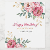 レッドピンクピーニー金ゴールドリーフグリーン誕生日ブランチ ワインラベル (シングルラベル)