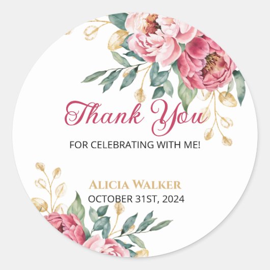 レッドピンクピーニー金ゴールドリーフグリーン誕生日感謝してい ラウンドシール (正面)