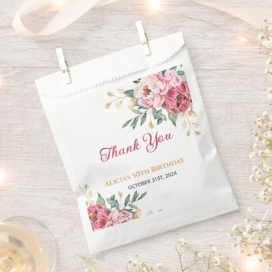 レッドピンクピーニー金ゴールドリーフグリーン誕生日 フェイバーバッグ (クリップ留めされた状態)