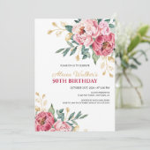 レッドピンクピーニー金ゴールドリーフグリーン誕生日 招待状 (スタンド正面)