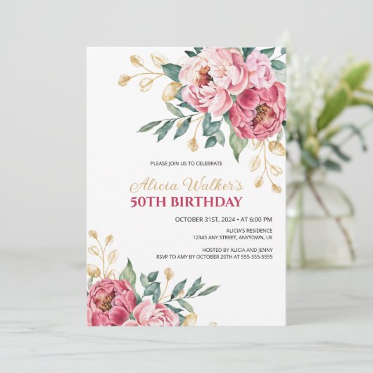 レッドピンクピーニー金ゴールドリーフグリーン誕生日 招待状 (スタンド正面)