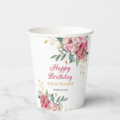 レッドピンクピーニー金ゴールドリーフグリーン誕生日 紙コップ (裏面)