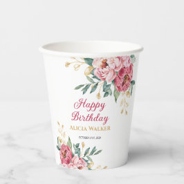 レッドピンクピーニー金ゴールドリーフグリーン誕生日 紙コップ