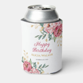レッドピンクピーニー金ゴールドリーフグリーン誕生日 缶クーラー