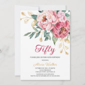 レッドピンクピーニー金ゴールドリーフ素朴フローラ誕生日 招待状 (正面)