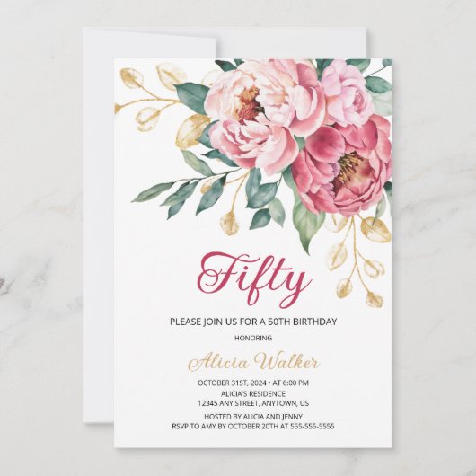 レッドピンクピーニー金ゴールドリーフ素朴フローラ誕生日 招待状 (正面)