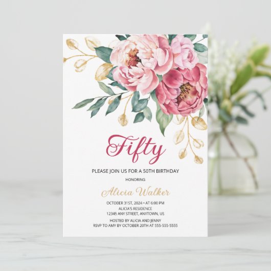 レッドピンクピーニー金ゴールドリーフ素朴フローラ誕生日 招待状 (スタンド正面)