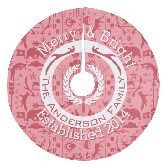 レッドピンクフォレストクリスマスファミリー名トナカイ フリース ツリースカート (正面)