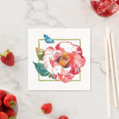 レッドピンクフラワーカメリアブルーバタフライ スタンダードカクテルナプキン (インサイチュ)