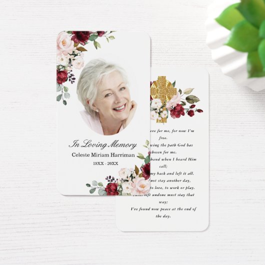 レッドピンクフローラクロスフォト葬儀祈りの言葉カード (デスク)