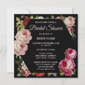 レッドピンクフローラグリーナリーブラックブライダルシャワーパーティー 招待状 (正面)