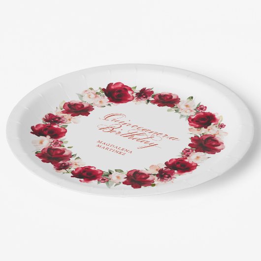 レッドピンクフローラパーソナライズされたキンセアニェラ誕生日 ペーパープレート (アングル)