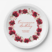 レッドピンクフローラパーソナライズされたキンセアニェラ誕生日 ペーパープレート (正面)