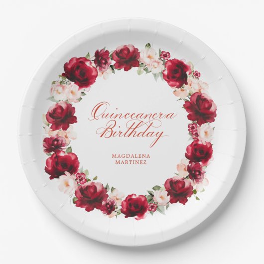 レッドピンクフローラパーソナライズされたキンセアニェラ誕生日 ペーパープレート (正面)