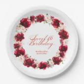 レッドピンクフローラパーソナライズされたスウィート16誕生日 ペーパープレート (正面)