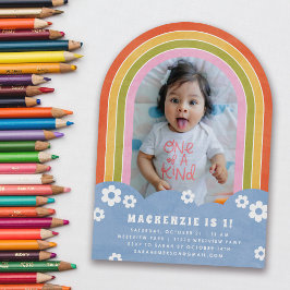 レッドピンクフローラレインボーキッド誕生日招待状 招待状