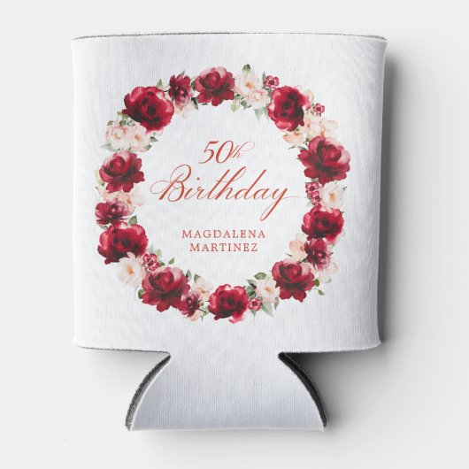 レッドピンクフローラ50誕生日 パーソナライズされた 缶クーラー (正面)