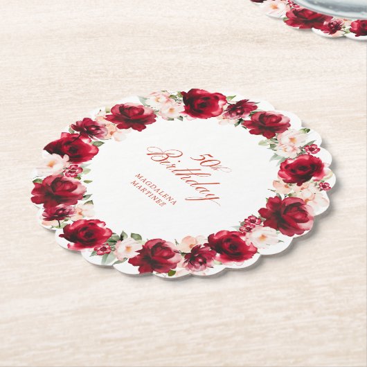 レッドピンクフローラ50th Birthday Party パーソナライズされた ペーパーコースター (アングル)