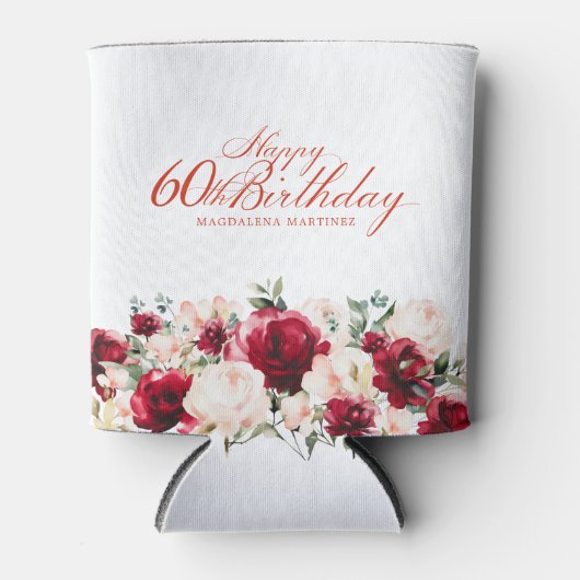 レッドピンクフローラ60誕生日 パーソナライズされた 缶クーラー (正面)