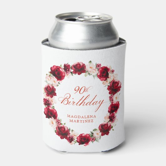 レッドピンクフローラ90誕生日 パーソナライズされた 缶クーラー (缶正面)