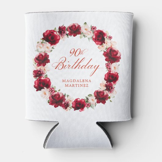 レッドピンクフローラ90誕生日 パーソナライズされた 缶クーラー (正面)