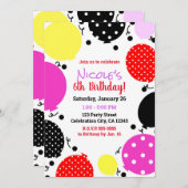 レッドピンクブラック水玉模様バルーン誕生日パーティー 招待状 (正面/裏面)