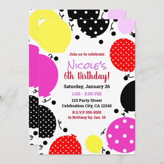 レッドピンクブラック水玉模様バルーン誕生日パーティー 招待状 (正面/裏面)