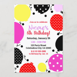 レッドピンクブラック水玉模様バルーン誕生日パーティー 招待状